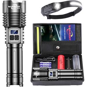 WOWNIGHT Torcia LED Potente Professionale 1,000,000 Lumens, 50W 2 Interruttori Torcia LED Ricaricabile, IPX6 Torcia Potente Tattica Militare, Infinitamente Dimmerabile Per Campeggio Trekking Emergenza