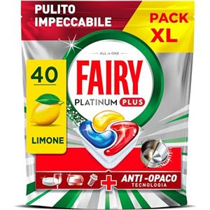 Fairy Platinum Plus Pastiglie Lavastoviglie, 40 Capsule, Limone, Detersivo Con Tecnologia Anti-Opaco, Contro Grasso e Incrostazioni Ostinate Anche nei Cicli Brevi