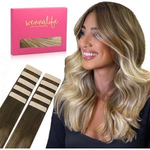 WENNALIFE Extension Capelli Veri Biadesivo, 10pz 25cm 20g Ombreggiatura dal Castano Noce al Castano Cenere al Biondo Candido Extension Biadesive Capelli Veri Lisci Remy Tape in Hair Extensions Capelli