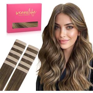WENNALIFE Extension Capelli Veri Biadesivo, 10pz 30cm 20g Balayage Marrone Cioccolato a Biondo Caramello Extension Biadesive Capelli Veri Lisci Remy Tape in Hair Extensions Capelli Setosi
