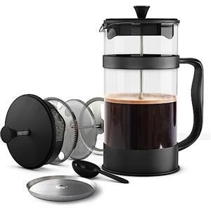 KICHLY French Press Macchina Caffe', Macchina per Espresso e te' con tripli filtri, vetro resistente al calore con stantuffo in acciaio (350 ml, Nero)