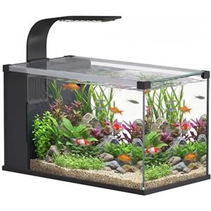 PawHut Acquario in Vetro Temperato 24L, Acquario Completo Piccolo Trasparente con Filtro Integrato, Luce LED e Pompa dell'Acqua per Pesci Tropicali, Pesci Rossi, Casa, Ufficio, 45x25x25.5 cm, Nero