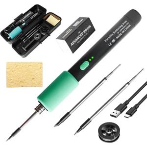GAOUTO Set saldatore a batteria, 15 W (260 ℃-450 ℃), kit di soldering senza fili USB con 3 punte di saldatura, filo di stagno, spugna, kit professionale sicuro per riparazioni elettriche