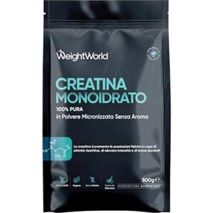 WeightWorld Creatina Monoidrata in Polvere Vegana 500g, 100% Pura, Fattore di Maglia 200, 3000mg per Dose, Creatina in Polvere Micronizzata con Misurino, 165 Dosi, Pre Workout, Intra, Post Workout, Senza Glutine