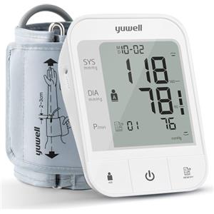 yuwell Misuratore di Pressione da Braccio, Sfigmomanometro Elettronico con Bracciale 22-45cm, Apparecchio per Misurare Pressione Sanguigna per l'Uso Domestico, Batterie e Cavo USB Incluso (YE670A)