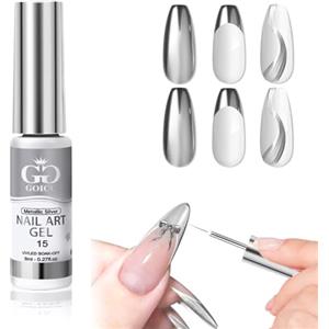 GOICC Metallic Painting Gel Liner Argento 8ml Pittura per Unghie Mirror Chrome Effect UV in Thin DIY Brush Smalti UV LED (Argento)
