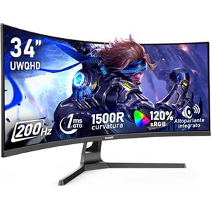 Gawfolk Monitor Ultrawide Da 34 Pollici 1500R Curvo 200Hz Monitor Per Computer Da Gioco, 21:9 UWQHD (3440x1440),128% sRGB,Adaptive Sync,Altoparlante integrato,HDMI、Display Port,VESA75×75MM - Nero