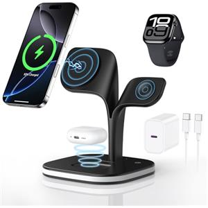 HJCE Caricatore Wireless 3 in 1 per iPhone MagSafe Stazione Ricarica per iPhone 17e Air 17 16 15 14 13 12 Series, per Apple Watch 11/10/9/8/7/6/5/4/3/2/SE/Ultra, per AirPods 3/2/Pro