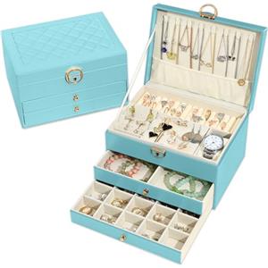 Granbest Portagioie a 3 strati, con 2 cassetti, elegante portagioie in pelle, ideale per collane, bracciali, anelli e orecchini (celeste)