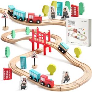 Tiny Land Pista Treno in Legno, Set Ferrovia in Legno (39 pcs) Pista Macchinine giochi legno bambini trenino natale