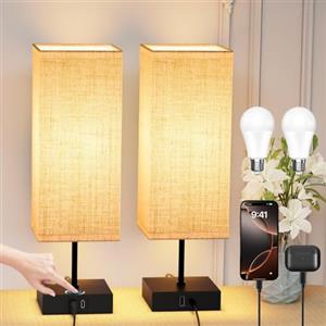 Miootly Lampada da Comodino Set di 2, Abat Jour Touch con 3 Temperature Colore & 2 Porte USB - Tocco Controllo, Dimmer Continuo e 2 Lampadine Incluse per Camera da Letto, Soggiorno, Ufficio