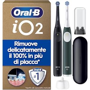 Oral-B iO 2 DUO Spazzolino Elettrico Oral B, Nero e Verde, 2 Testine Di Ricambio e Spazzolini, Custodia Da Viaggio, Porta Ricarica Da Viaggio. Delicato sulle Gengive, Sensore di Pressione