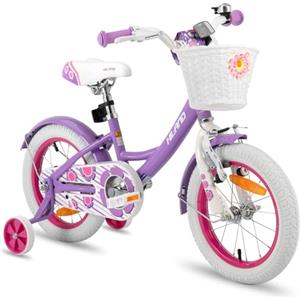 HH HILAND HILAND Petal Bicicletta Bambina 12/14/16 2-7 Anni, Bicicletta per Bambini con Ruote Stabilizzatrici, Freno a Mano, Freno a Pedale e Cestino, Rosa/Viola/Bianco