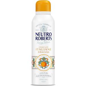 Neutro Roberts, Deodorante Spray Siracusa, Senza Sali di Alluminio, Zero Macchie, con Olio Essenziale di Arancia e Fiori di sale, Con Puro Olio di Glicerina, Deodorante Donna e Uomo, 200 ml, 48h
