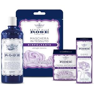 Acqua alle Rose, Kit Routine Viso Rimpolpante, Azione Riempitiva e Distensiva, contiene Tonico Rinfrescante, Crema Antirughe, Siero e Maschera in Tessuto - Esclusiva Amazon