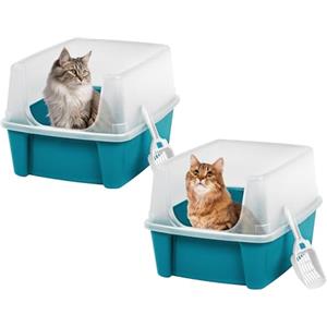 Iris Ohyama Vassoio per Lettiera per Gatti con Paletta, Set di 2, Blu, Facile da pulire, Box per gatti, Pareti Rimovibili, Per Gattini, Gatti Adulti, Conigli, Senza BPA, Tetto Aperto, CLH-12