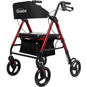ZENBON Deambulatore per Anziani con Sduta: Girello 4 ruote in Alluminio - Deambulatore Pieghevole con Pneumatici da 20 cm per tutti i terreni - Rollator da viaggio altezza regolabile in 6 posizioni (Rosso)