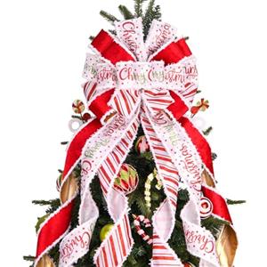 Sailup Puntale per albero di Natale, fiocco per ghirlanda di Natale, 114 x 30 cm, grande iuta con bordo in poliestere bianco e rosso, fiocco regalo per albero di Natale, decorazione per la casa, interni ed