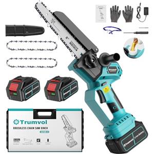 Trumvol Mini Motosega da 8 pollici con motore brushless,piccola motosega elettrica a batteria da 8000 mAh/21 V, motosega a batteria a una mano da 1200 W,per alberi per da giardino,taglio del legno fai da te