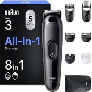 Braun Rifinitore All-In-One Series 3, Rasoio Elettrico Barba E Capelli 8In1, Lama Ultra Affilata, Rasoio Elettrico Corpo Uomo, 14 Lunghezze, 50 Min. di Autonomia, Styling Facile Viso E Capelli,AIO3545