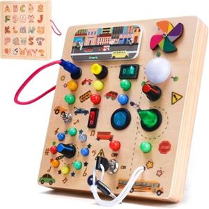 Nauotk Busy Board in Legno, Giochi Montessori per Bambini 2 Anno, Lavagna attività con 19 LED, Giochi Educativi Sensoriale del Bambino, Lavagna attività Portatile Regalo Bimbo 2 3 4 Anni