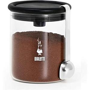Bialetti Barattolo Moka per Caffè con Tappo Ermetico e Cucchiaio Dosacaffè, Vetro, Capacità 250 g, Nero e Trasparente