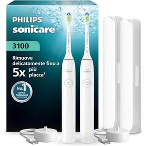 Philips Spazzolino elettrico sonico Philips Sonicare Serie 3100 - Sensore di pressione, 3 intensità, EasyStart, SmarTimer, autonomia 14 giorni, custodia, bianco, confezione da 2, HX4072/41, [Nuovo]