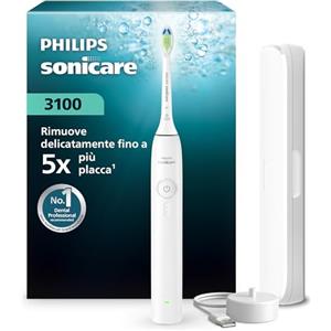 Philips Spazzolino elettrico Philips Sonicare Serie 3100 - Spazzolino sonico con sensore di pressione, 3 intensità, EasyStart, SmarTimer, autonomia 14 giorni, custodia, bianco, HX4033/21, [Nuovo]