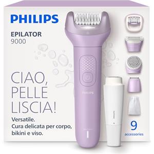Philips Epilatore Serie 9000 - Epilatore elettrico Wet & Dry senza fili, per corpo, viso e zona bikini, con ProGuide, 9 accessori, autonomia di 60 minuti, modello BRE729/00