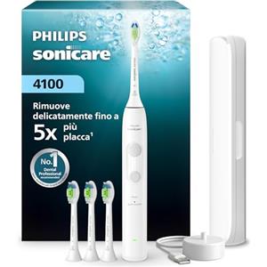 Philips Spazzolino elettrico Philips Sonicare Serie 4100 - Spazzolino sonico con sensore di pressione, 4 impostazioni, EasyStart, SmarTimer, autonomia 21 giorni, custodia, bianco, HHX4046/41, [Nuovo]