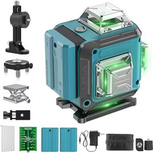 karzu Livella Laser a 16 Linee Verde 4D (4x360°), Modalità Impulso Esterno & Regolazione Luminosità, Sorgente Laser ad Alta Precisione, Ultra-stabile, 2x Batterie da 2400mAh, Telecomando & Portata 150m