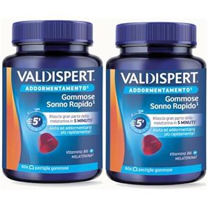 Valdispert Gommose Sonno Rapido, 120 Pastiglie Gommose per Dormire con Melatonina e Vitamina B6, Gusto Fragola, Senza Glutine e Senza Lattosio, 2 Confezioni da 60 Caramelle