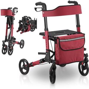 Juskys Rollator Vital rosso - Aiuto per la deambulazione pieghevole e leggero in alluminio fino a 130 kg - Supporto per la deambulazione regolabile in altezza con sedile, borsa e supporto per ombrello