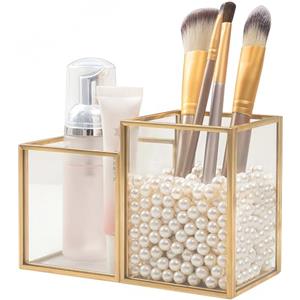 HARLIANGXY Porta Pennelli Make Up in Vetro Trasparente, Porta Pennelli da Trucco, Organizzatore per Cosmetici Oro, Organizer Pennelli Trucco, per pennelli, Eyeliner, Matite e Mascara