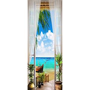 A.Monamour Adesivo Porta Autoadesiva Terrazza Vista Mare Con Tenda In Voile Bianco Spiaggia Sabbiosa Vinile PVC Adesivi per Porte 3D Pellicola Adesiva Poster Sticker Murale Parete Carta da Parati