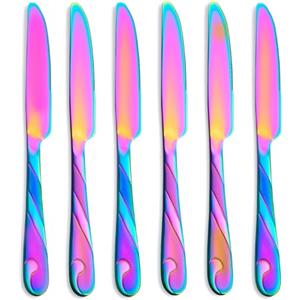 Seeshine Set di Coltelli da Cena Arcobaleno, Coltelli per Carne in Acciaio Inox Colore Arcobaleno Lucido per Tavolo, 23,4 cm, Set di 6