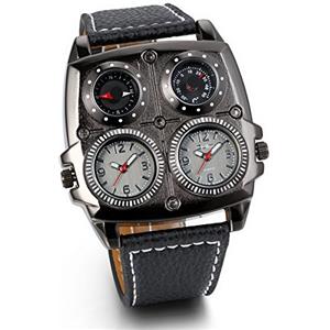 JewelryWe Orologio Sportivo Militare Da Uomo, Dual Time Grande Orologio Pilot Punky, Bussola e Termometro Decorativos Cinturino in Pelle Nero, Retro Style Vintage