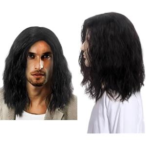 SDXCJY Parrucca lunga da uomo nera con capelli ricci, parrucca per costume anni '70 e '80, adatta per feste in costume quotidiane e Halloween (nero)