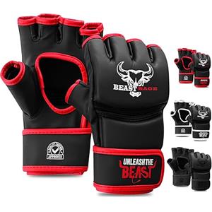 BEAST RAGE Guanti MMA per Arti Marziali Grappling Allenamento guantoni, palmo ventilato, VEGAN Kara Sparring Guantoni per Kickboxing, Muay Thai, Sacchi Pugilato, Sacco da Boxe Cuoio Hide (L, Rosso)