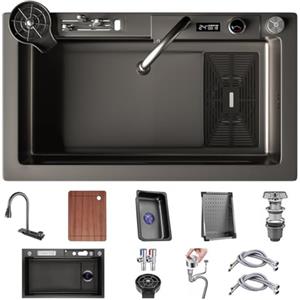 OMGMTSTORE 75x45cm Lavandino Cucina Con portacoltelli,Lavello Cucina 1 Vasca in Acciaio Inox Antracite Nero,Con LED rubinetto estraibile,Dispenser Sapone,ricambio interno,tagliere,Scarico quadrato