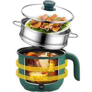 GOMETY Hot Pot elettrico da 1,5 L, mini multicooker antiaderente portatile con vaporiera, fornello rapido per ramen e padella elettrica con controllo Dual Power, fornello da viaggio per casa, ufficio