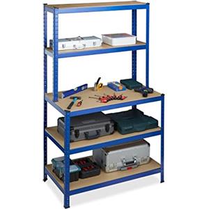 Relaxdays Scaffale in Metallo, Banco da Lavoro, Capacità fino a 900 kg, 5 Ripiani, Incastro 180x100x60, Acciaio,MDF, blu