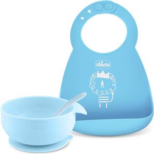Chicco Set Pappa Silicone Easy Start 6M Azzurro - 3 Pezzi con Ciotola, Bavaglino e Cucchiaio Antiscivolo