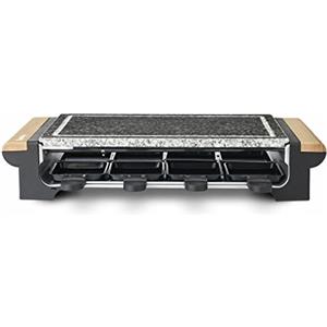 H.Koenig Pietra di cottura 2 in 1 con apparecchio per raclette da 8 persone RP328 design in legno, griglia multifunzione in granito,pietra rimovibile, Accessori: 8 teglie antiaderenti