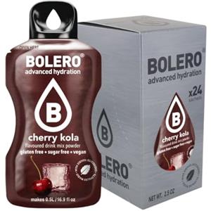 Bolero Drink 24 Bustine 3 gr grammi Sticks Frutta Preparato Polvere Solubile Per Bevanda Fresca in Acqua Prodotto, 72 grammi dolcificato alla stevia (Cherry Kola)