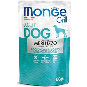Monge Grill Cibo Umido per Cani Adulti con Merluzzo - 100 g, Grain Free e Arricchito con Glucosamina