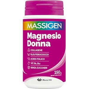 Massigen Magnesio Donna - Integratore in Polvere con Magnesio, Collagene, Eleuterococco, Acido Folico e Vitamine B6 e B12, Supporto Energia e Sistema Nervoso, Senza Zuccheri, Barattolo da 150 g