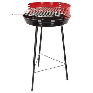 AKTIVE Barbecue a carbonella portatile rotondo, BBQ da esterno, 37,5x38,5x70 cm, griglia regolabile, frangivento in metallo rosso, manico in legno, struttura in metallo stabile