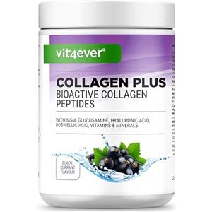 Vit4ever Collagen Plus - 500 g di polvere con MSM, glucosamina HCL, acido ialuronico, estratto di incenso - 100% peptidi idrolizzati di collagene bioattivo - collagene di tipo 1 e 3 - Gusto ribes nero
