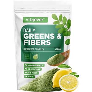 Vit4ever Daily Greens & Fibre Powder : psillio, spirulina, moringa, erba d'orzo, inulina, fibra di mela, estratto di curcuma, fibra di acacia, lecitina (600 g, Limone)